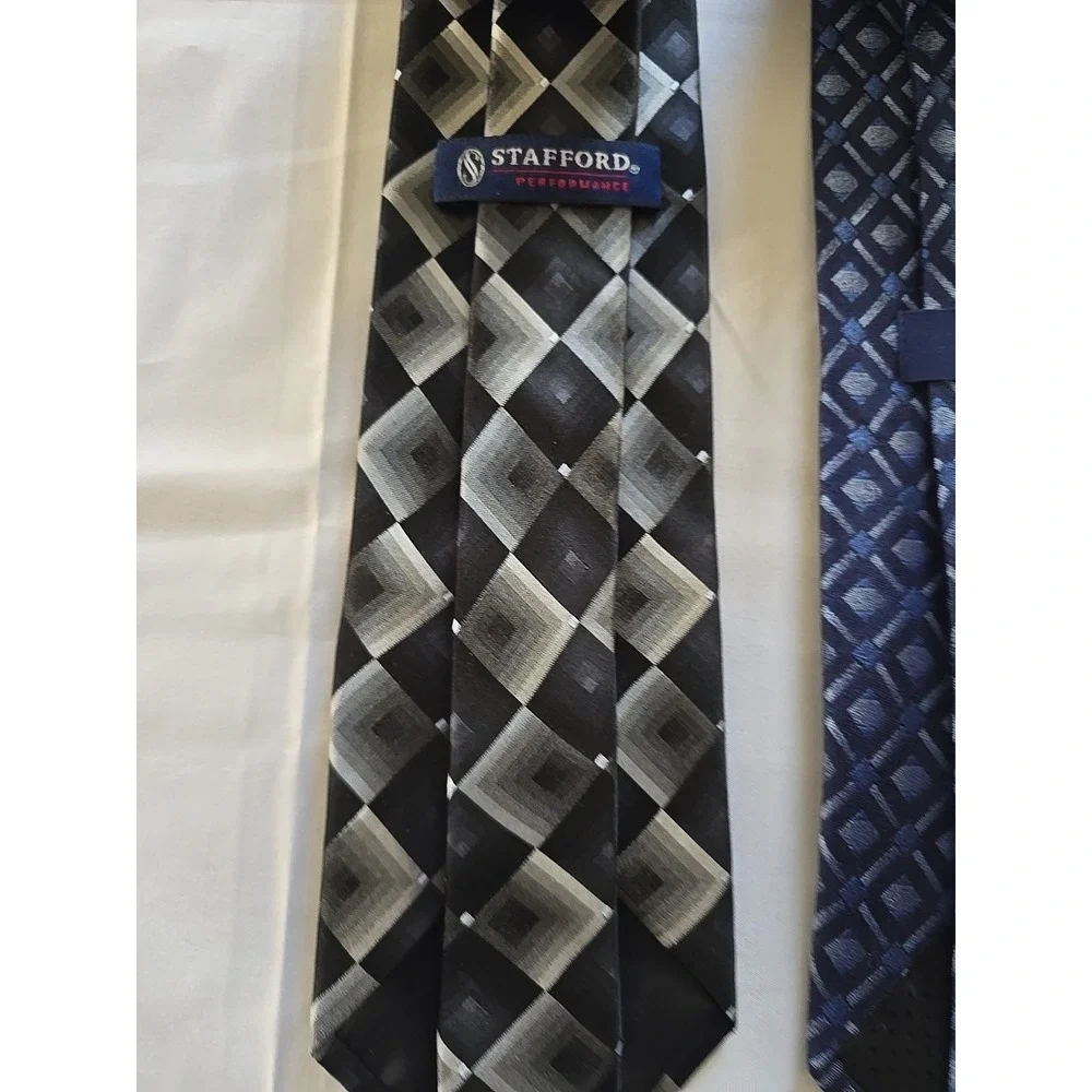 Tie Lot Of 2 Vintage Stafford Neck 100%‎ Silk Blue Black Geometric Gray Design